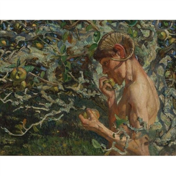 Pan In The Apple Orchard Oil Painting by Raoul du Gardier