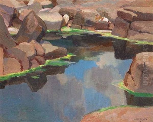 The Pool In The Rocks In Lamorna Oil Painting by Stanley Horace Gardiner