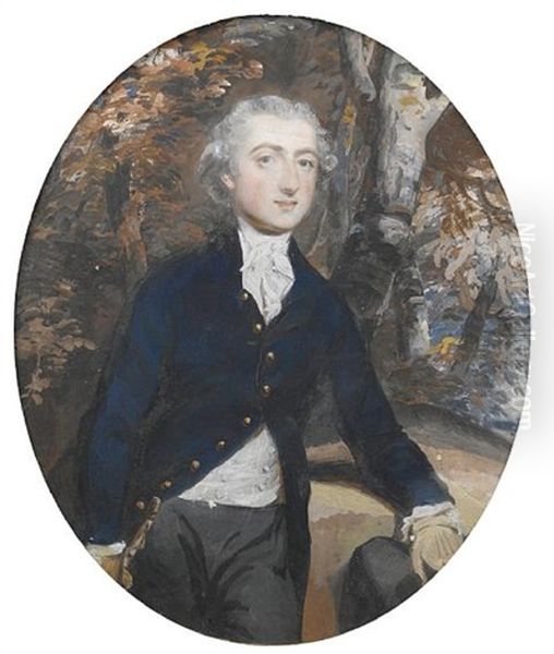 Portrait Of Mr. Bradley In A Blue Coat, Standing Before A Landscape Oil Painting by Daniel Gardner