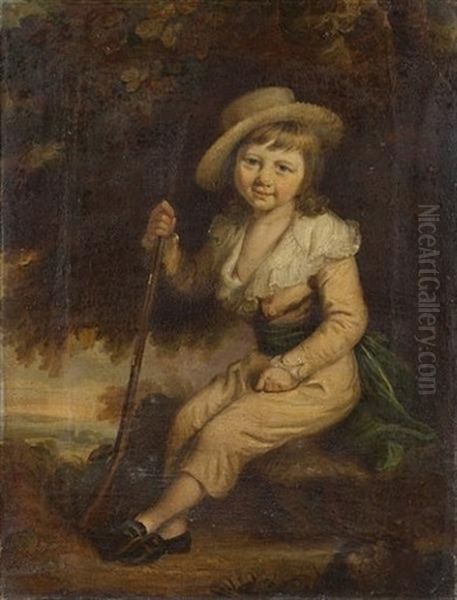 Portrait Of A Young Boy, Full-length, In A Cream Suit And Hat, Seated In A Landscape Holding A Musket Oil Painting by Daniel Gardner