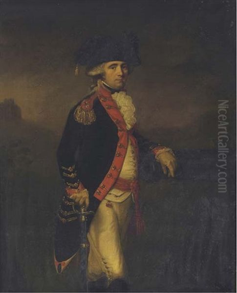 Portrait Of An Officer Of The Royal Artillery In A Landscape, With A Hilltop Fortress Beyond Oil Painting by Daniel Gardner