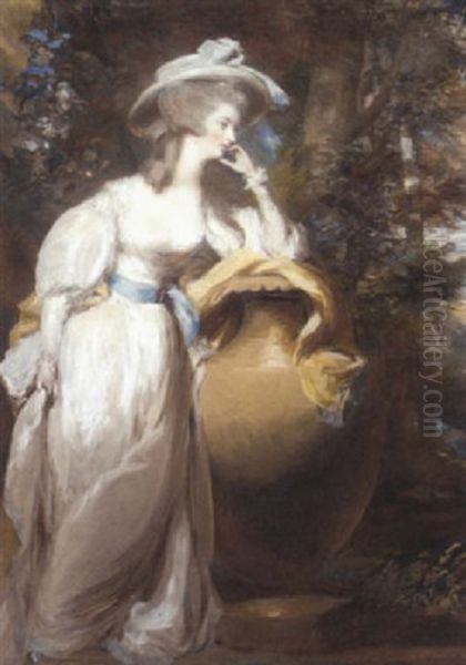 Portrait Of Philadelphia De Lancy In A White Dress And Sash, Leaning On An Urn In A Wooded Landscape Oil Painting by Daniel Gardner