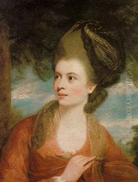 Portrait Of Angelica Kauffman Wearing A Red Dress, And A Dark Blue Headdress Holding A Pencil, With A Landscape Beyond Oil Painting by Daniel Gardner