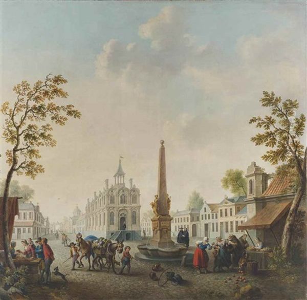 A Continental Town Square With Street Vendors By A Fountain And Boys Leading Mules With Flower Baskets Oil Painting by Jan Anton Garemyn