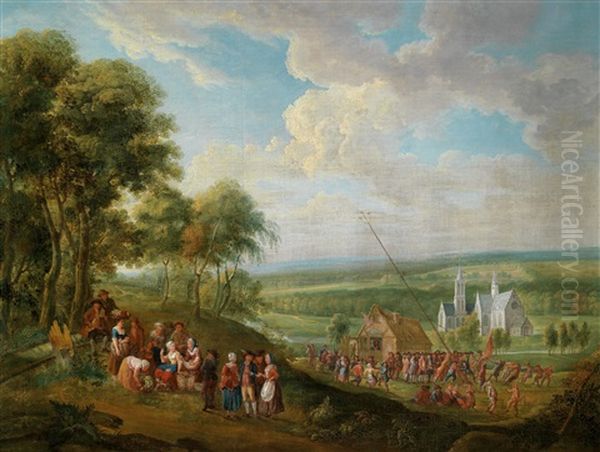 Eine Weite Landschaft Mit Dorfbewohnern Bei Der Errichtung Eines Maibaums Oil Painting by Jan Anton Garemyn