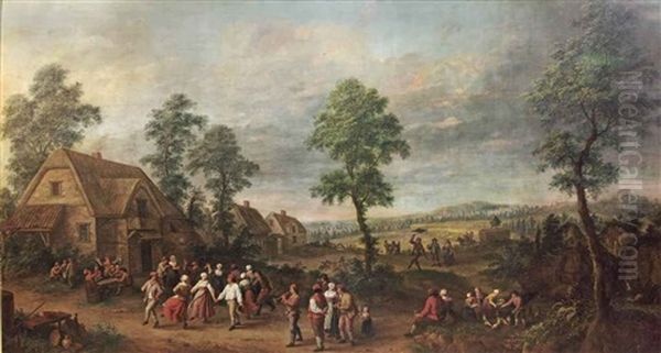 A Summer Landscape With Peasants Dancing In The Village Oil Painting by Jan Anton Garemyn