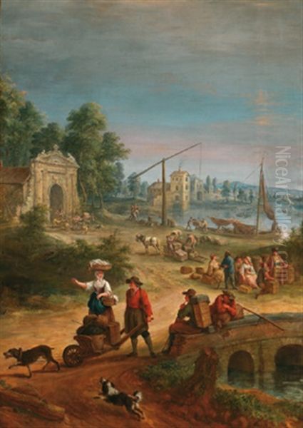 Eine Weite Flusslandschaft Mit Reisenden, Im Hintergrund Entladen Dorfbewohner Ein Schiff Oil Painting by Jan Anton Garemyn