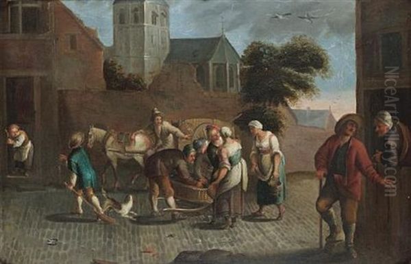 A Mussel Seller And Other Figures On A Town Street (+ A Traveller Selling Pots On The Outskirts Of A Town; Pair) Oil Painting by Jan Anton Garemyn