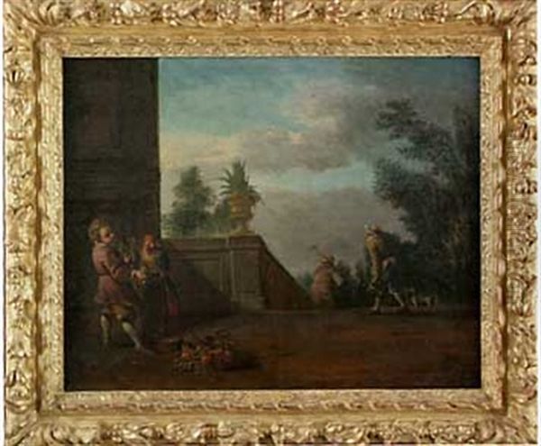 Scene De Parc Avec Jardiniers Et Enfants Jouant Avec Un Perroquet Oil Painting by Jan Anton Garemyn