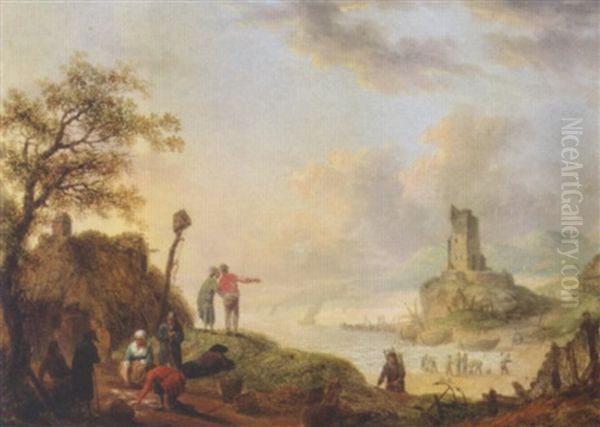 Coastal Landscape With Fishermen Unloading Their Catch Oil Painting by Jan Anton Garemyn