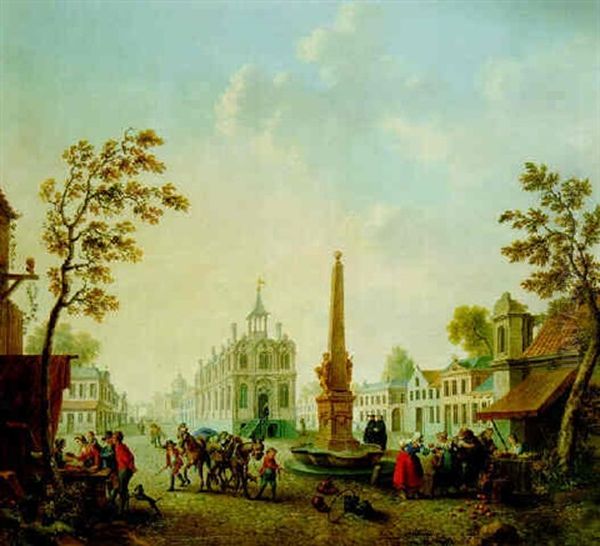 View Of A Town Square With A Market Scene Oil Painting by Jan Anton Garemyn