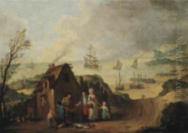 Fishermen Selling Their Wares Outside A House By The Seashore Oil Painting by Jan Anton Garemyn