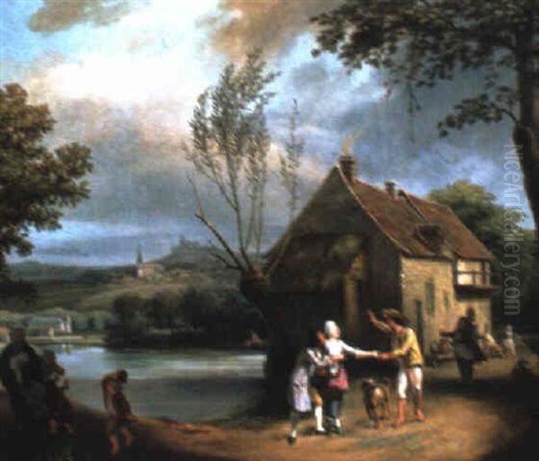 Conversation Villageoise Au Bord Du Lac Oil Painting by Jan Anton Garemyn