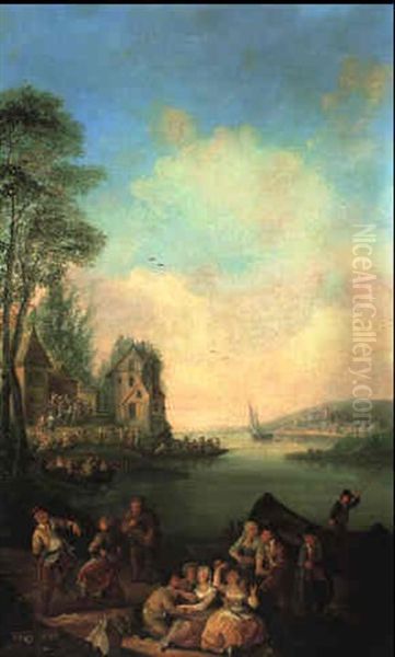 Kirmes In Einem Dorf Am Flus Oil Painting by Jan Anton Garemyn