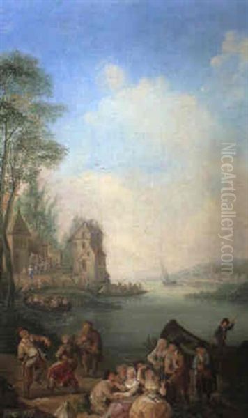 River Landscape With Elegant Figures And Peasants Oil Painting by Jan Anton Garemyn