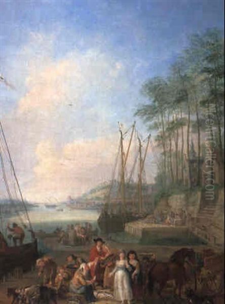 River Landscape With Elegant Figures On A Quayside Oil Painting by Jan Anton Garemyn