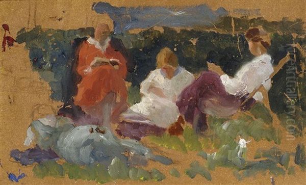 Three Ladies Drinking Tea In A Garden (+ Solitary Tree, Verso) Oil Painting by Solomon Garf