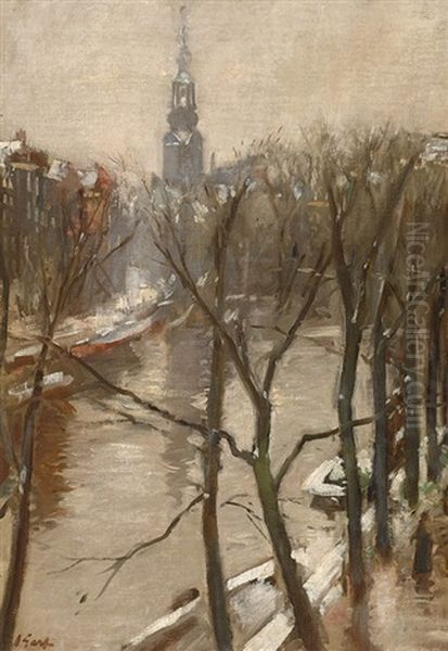 View Of The Singel Canal In Amsterdam In Winter Oil Painting by Solomon Garf