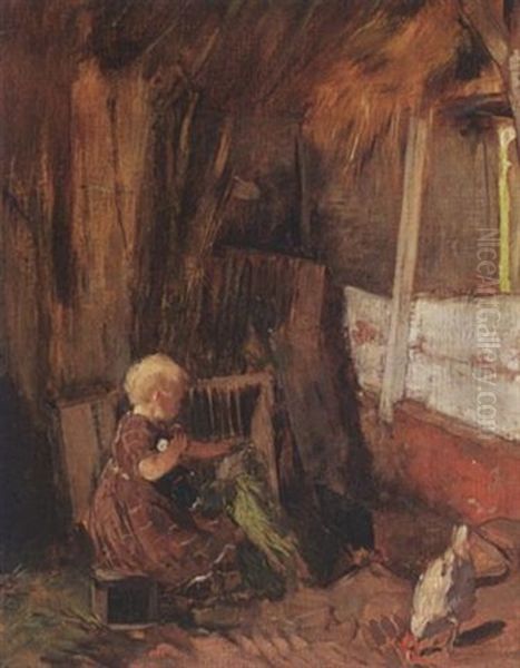 A Little Girl In A Stable Oil Painting by Solomon Garf