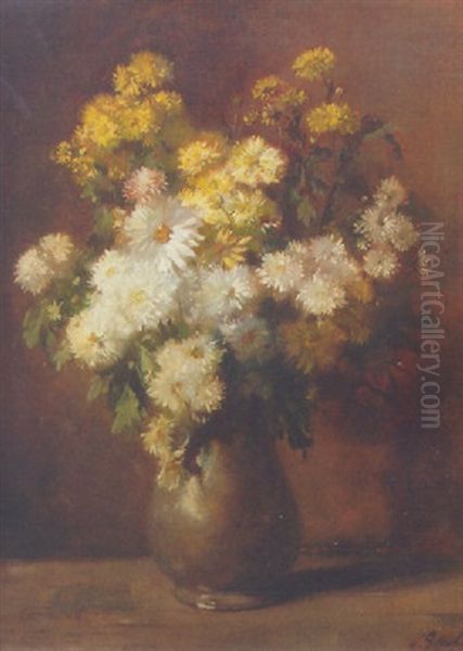 Chrysanthemums In A Pewter Case Oil Painting by Solomon Garf