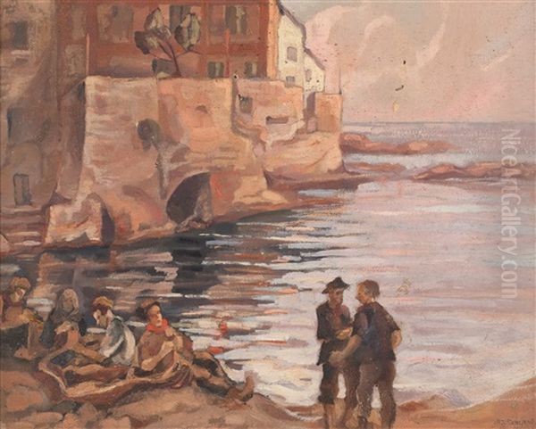 Pescatori Sulla Spiaggia Di Boccadasse Oil Painting by Alfredo Ubaldo Gargani