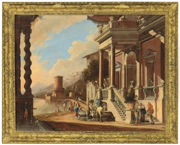 A Coastal View With An Architectural Capriccio Oil Painting by Domenico Gargiulo