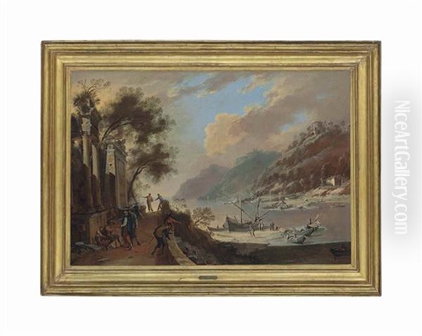 A Capriccio Harbour Scene With Figures Distributing Alms Oil Painting by Domenico Gargiulo