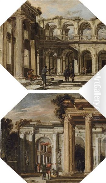 Figures Conversing Amongst Classical Colonnades (+ Another; Pair) by Domenico Gargiulo