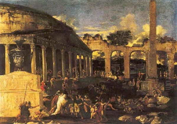 Veduta Ideata Di Rovine Romane Con Il Pantheon, L'obelisco Di Augusto Ed Episodi Di Vita Romana Oil Painting by Domenico Gargiulo