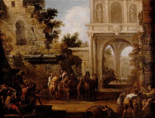 An Architectural Capriccio With Figures And Horses Oil Painting by Domenico Gargiulo