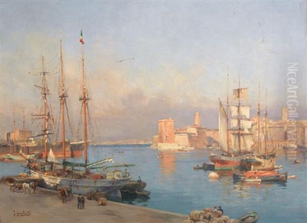 Vue Animee Du Port De Marseille Oil Painting by Joseph Garibaldi