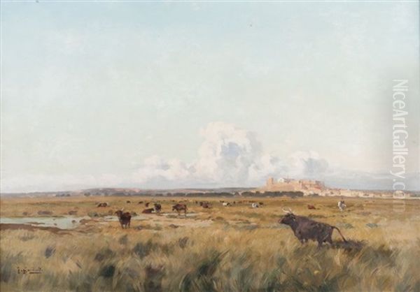 Taureaux En Camargue Oil Painting by Joseph Garibaldi