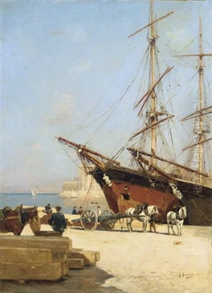 Le Vieux Port De Marseille, Avec Le Fort Saint-jean En Arriere Plan Oil Painting by Joseph Garibaldi