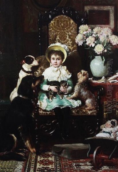 Doddy And Her Pets; A Portrait Of The Daughter Of J. Rolls Hoare Esq, Artist Label Verso Oil Painting by Charles Trevor Garland