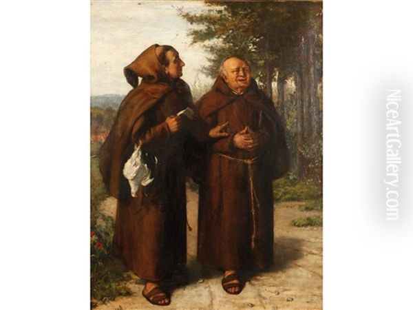 Two Friars Walking And Conversing In A Landscape Oil Painting by Charles Trevor Garland