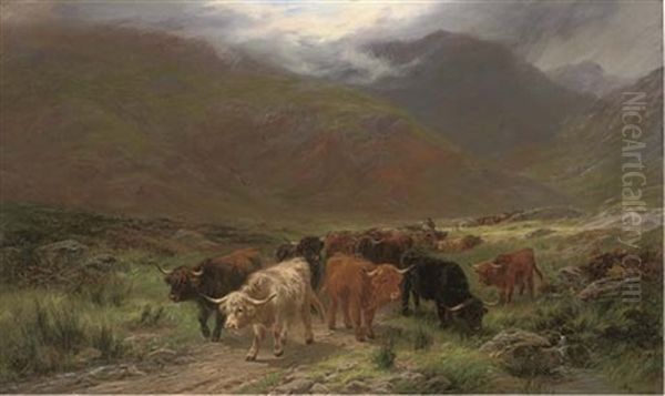 Drover With Highland Cattle Oil Painting by Henry Garland