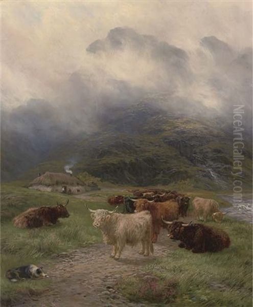 Highland Cattle Before A Croft Oil Painting by Henry Garland