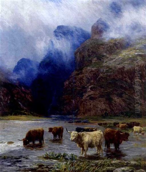 Highland Cattle Watering Oil Painting by Henry Garland