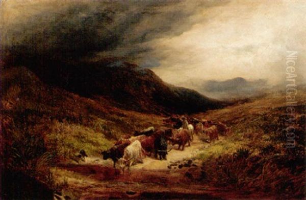 Highland Cattle Fording A Burn Oil Painting by Henry Garland