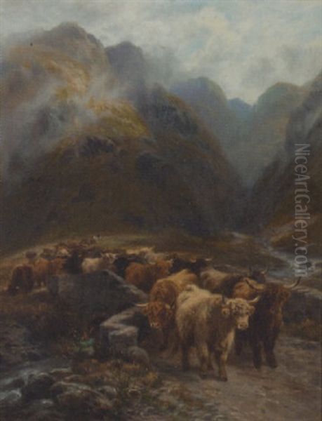 Highland Cattle In An Extensive Landscape Oil Painting by Henry Garland