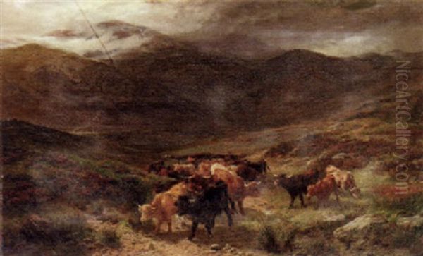 Driving A Herd Of Highland Cattle Oil Painting by Henry Garland