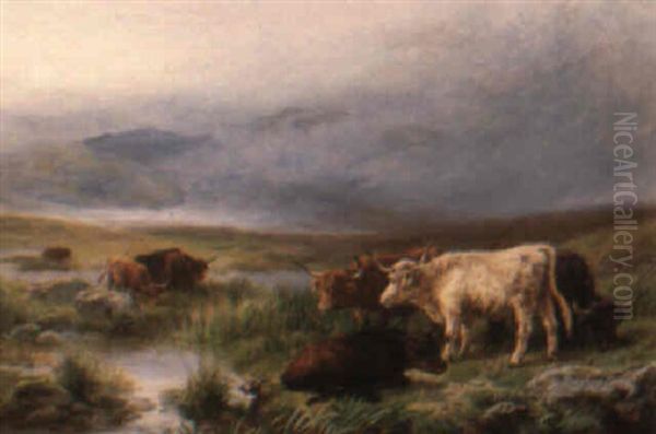 Highland Cattle In A Mist Covered Glen Oil Painting by Henry Garland