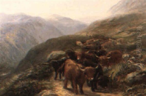 Driving  Highland Cattle Through A Glen Oil Painting by Henry Garland