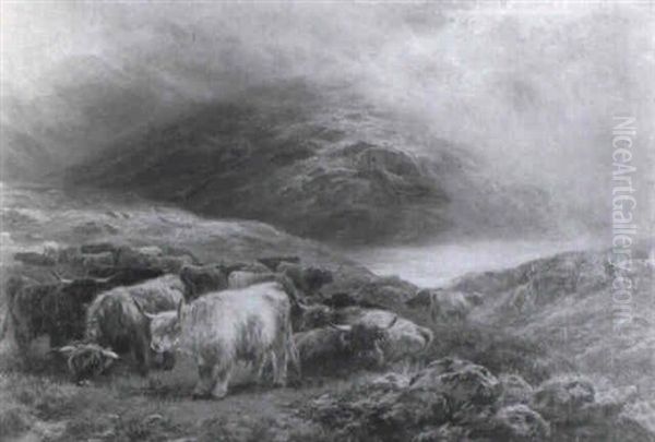 Highland Glen With Cattle Grazing In The Foreground Oil Painting by Henry Garland