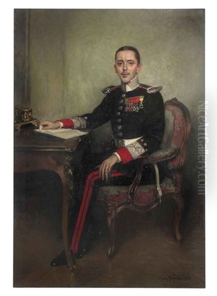 Portrait Of A Gentleman, Full-length, Seated, In Uniform Before A Bureau Plat Oil Painting by Leon Garland