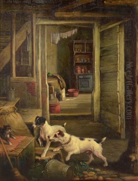 Jack Russell And A Further Russell Terrier Chasing A Cat In A Kitchen Scene Oil Painting by Valentine Thomas Garland