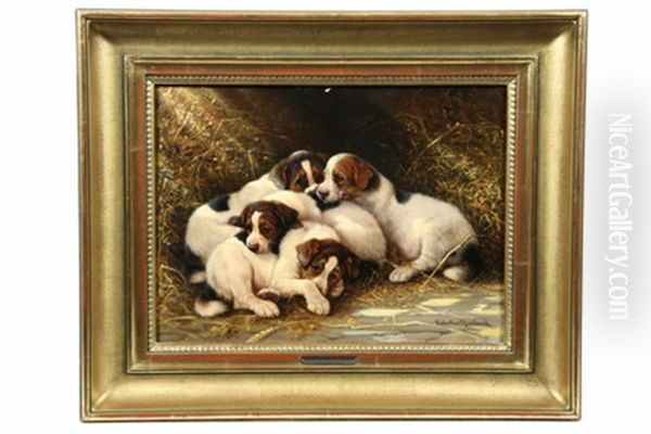 Four Puppies In A Haystack Oil Painting by Valentine Thomas Garland