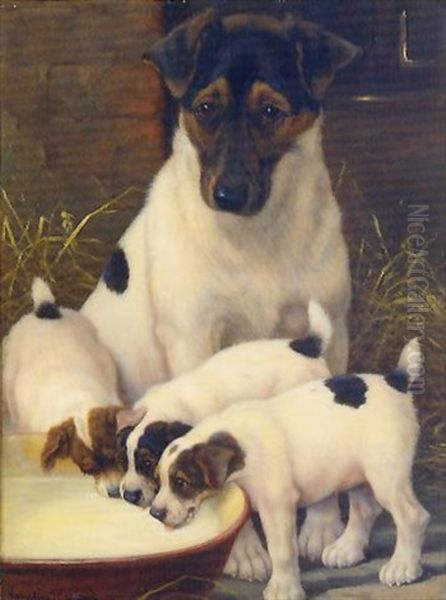 Puppies At A Bowl Oil Painting by Valentine Thomas Garland