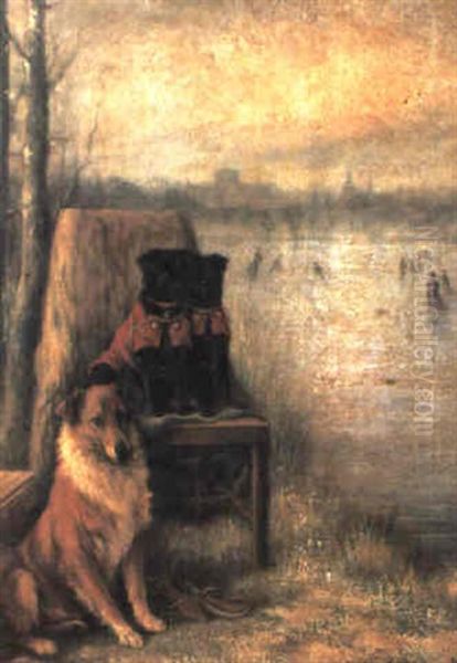 Black Pugs And A Collie In Winter Oil Painting by Valentine Thomas Garland