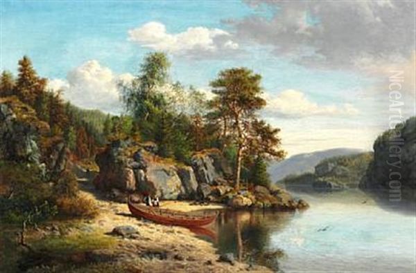 View Of A Norwegian Fjord With A Couple Next To A Boat Oil Painting by Hermann Garmann-Schanche